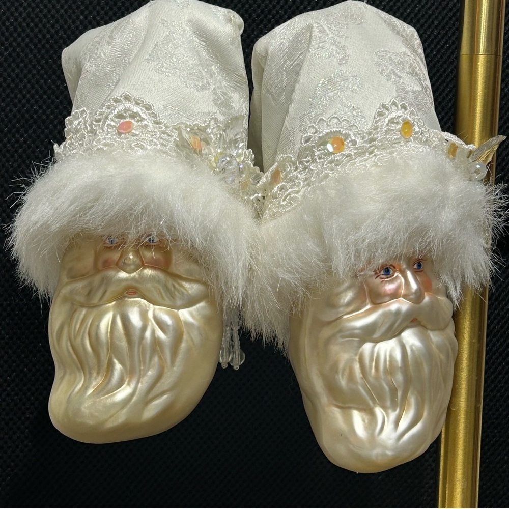 Vintage Dillard Trimmings 2 Santa Glass Ornaments Beard Hair Beaded Detail Nice